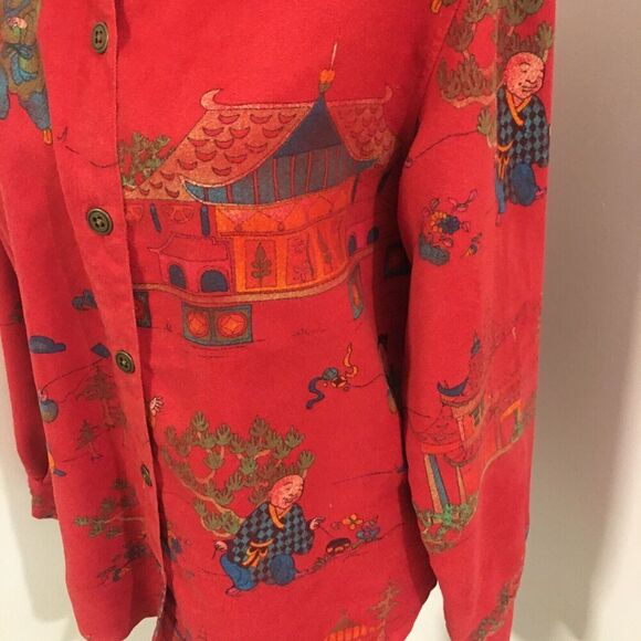 CHICO'S Red Faux Suede Chinese Scene Long Sleeve Blouse Jacket Sz 1 or Small - Picture 6 of 8